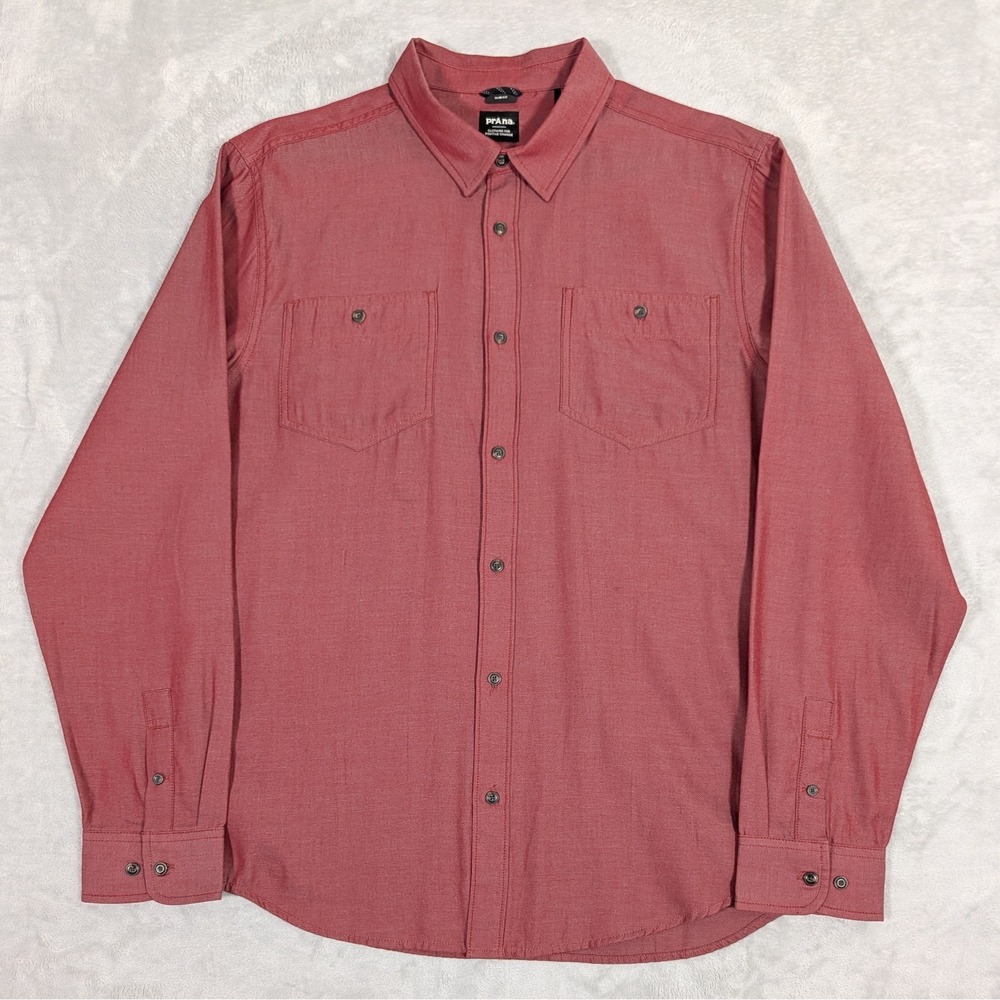 prAna Organic Cotton Work Shirt Maroon Chambray Twill Button Down L 1964361